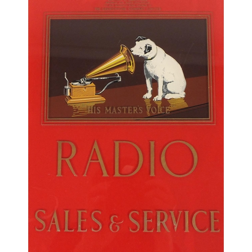 342 - His Master's Voice radio sale and service perspex sign, 39.5cm x 26.5cm