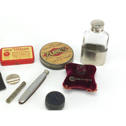 465 - Objects including vintage advertising tins, dominoes and miniature Crown Jewels