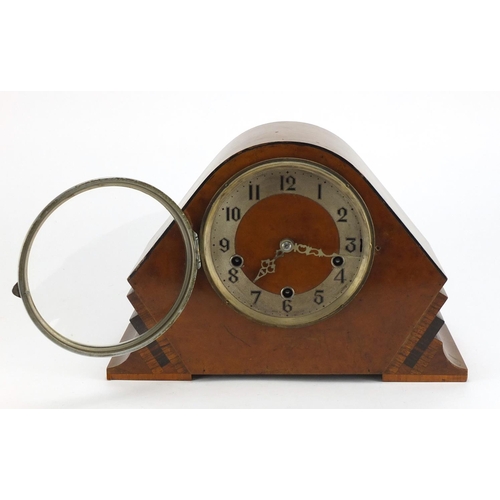 340 - Art Deco inlaid walnut mantel clock, with Westminster chime, 34cm wide