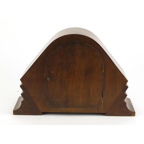 340 - Art Deco inlaid walnut mantel clock, with Westminster chime, 34cm wide