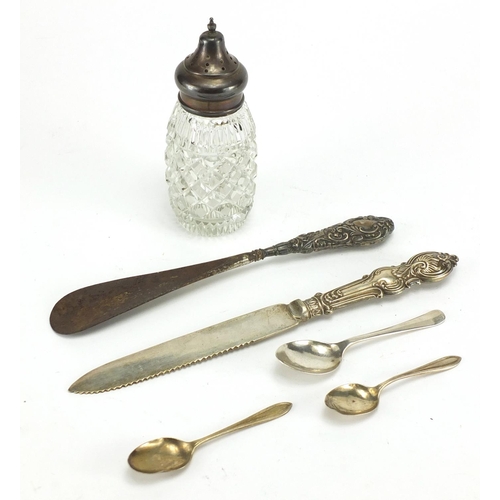 322 - Silver and white metal items including teaspoons, shoe horn and cut glass caster
