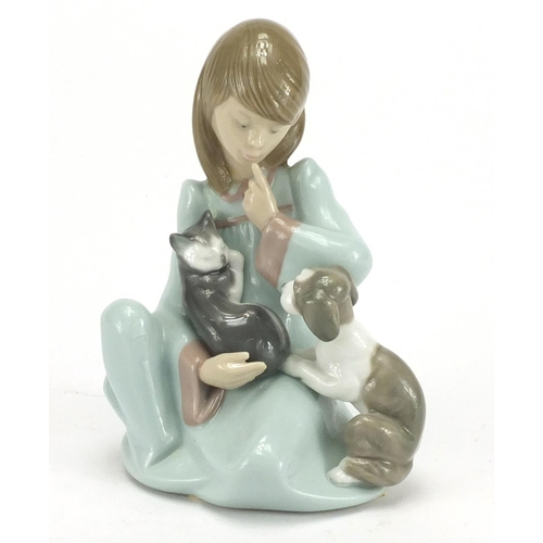 80 - Lladro figure of a young girl seated with a puppy and kitten, 14.5cm high