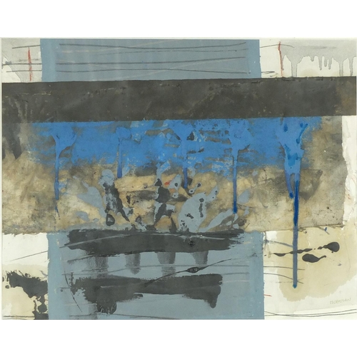 2129 - Abstract composition, mixed media and collage, bearing a signature possibly Moerman, mounted and fra... 