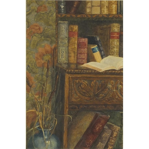 960 - Books on a sideboard, late 19th century watercolour, bearing an indistinct signature Bel?  and inscr... 