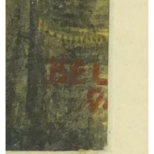 960 - Books on a sideboard, late 19th century watercolour, bearing an indistinct signature Bel?  and inscr... 