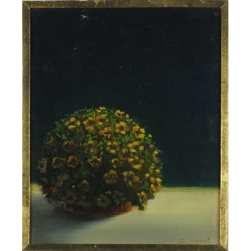 954 - Saveta Mihic - Still life flowers, oil on canvas, label and stamps verso, framed, 29.5cm x 23.5cm