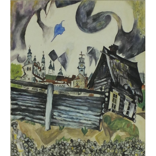 979 - Manner of John Piper - Surreal town, watercolour and gouache on card, label verso, framed, 23.5cm x ... 