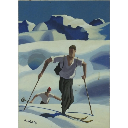 983 - Two men skiing, gouache on card, bearing a signature A Walde, mounted and framed, 38cm x 27cm