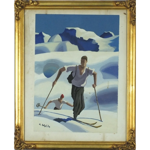 983 - Two men skiing, gouache on card, bearing a signature A Walde, mounted and framed, 38cm x 27cm