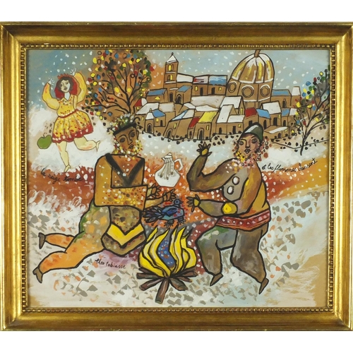 895 - Three women outside of a town, watercolour and gouache, bearing a signature Theo Tobiasse framed, 41... 