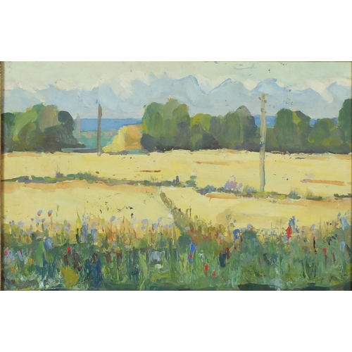 899 - Impressionist cornfields, Russian school oil on board, bearing an indistinct signature and inscribed... 