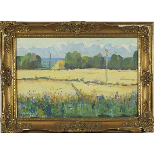 899 - Impressionist cornfields, Russian school oil on board, bearing an indistinct signature and inscribed... 