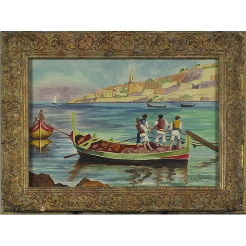1013 - Maltese fishermen in Valletta harbour, watercolour, bearing a signature E C Dingli, framed, 31.5cm x... 