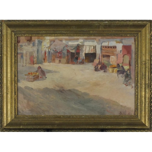1010 - Bonello - Arab street market, oil on board, inscribed verso, mounted and framed, 32cm x 22cm