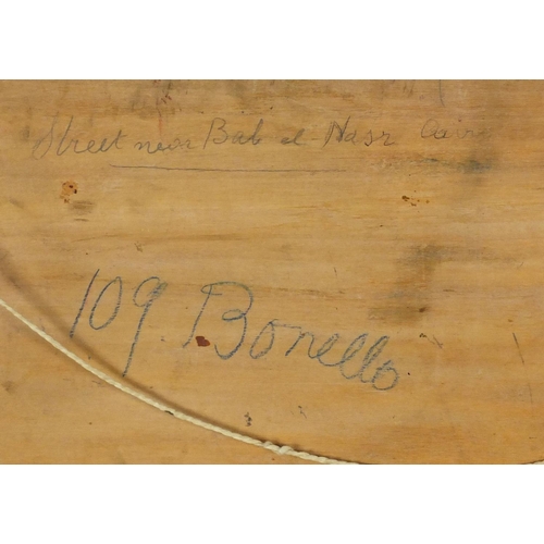 1010 - Bonello - Arab street market, oil on board, inscribed verso, mounted and framed, 32cm x 22cm