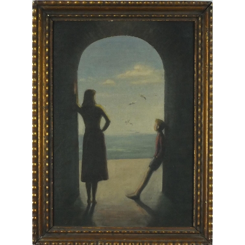 1014 - Mother and child by an archway looking out to sea, oil on canvas, framed, 42.5cm x 28.5cm
