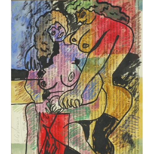 897 - Two nude females, mixed media, bearing a signature Le Corbusier, mounted and framed, 34cm x 29cm