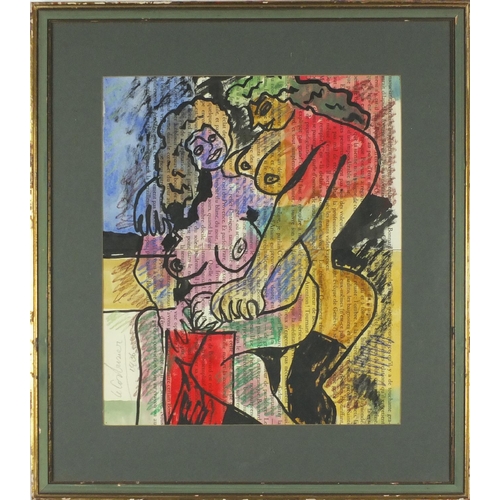 897 - Two nude females, mixed media, bearing a signature Le Corbusier, mounted and framed, 34cm x 29cm