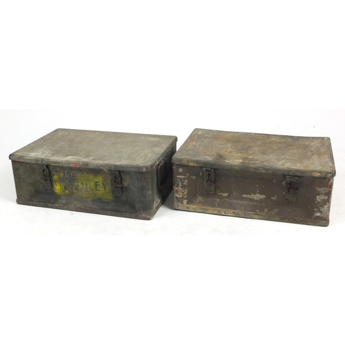 806 - Two Military interest tin ammunition cases, 19.5cm H x 53cm W x 36cm D