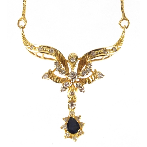 674 - 17ct gold diamond and tear drop sapphire necklace, 40cm in length, approximate weight 6.8g