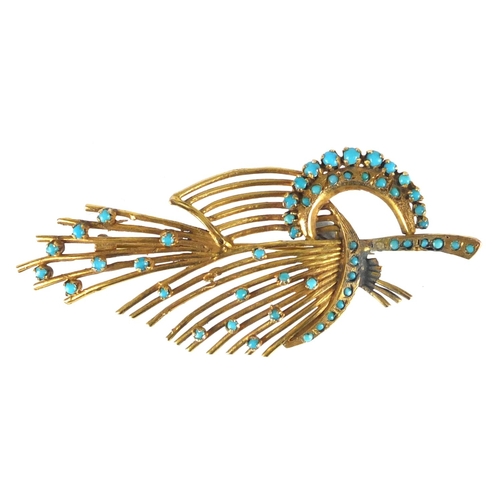 682 - Unmarked gold turquoise floral spray brooch, 7cm in length, approximate weight 8.2g