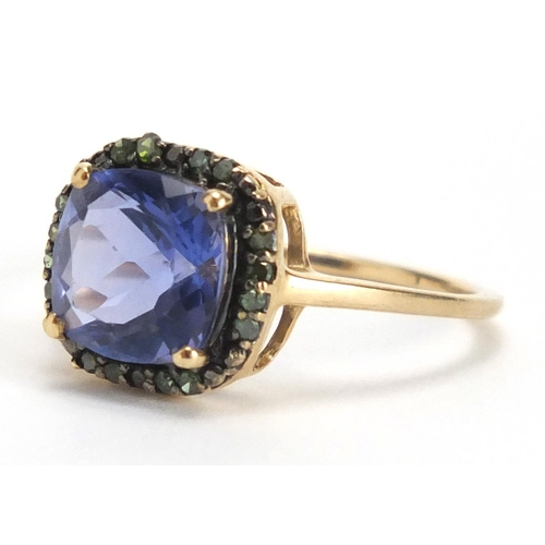733 - 9ct gold alexandrite and green diamond ring, size S, approximate weight 3.0g