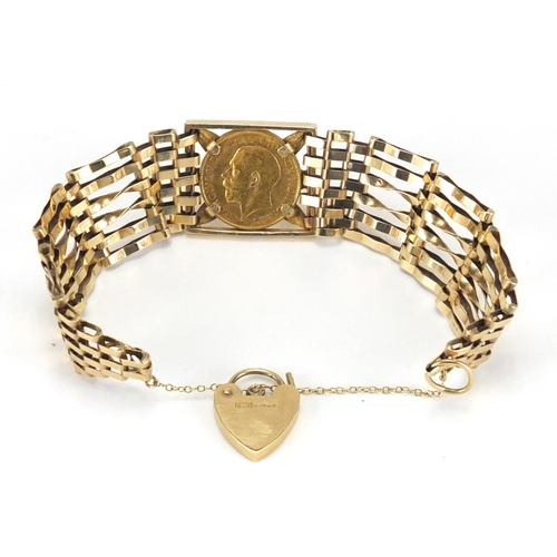 662 - George V 1911 gold half sovereign set in a 9ct gold six row gate bracelet, with love heart shaped pa... 