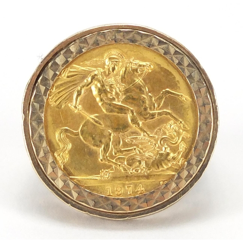 649 - Elizabeth II 1974 gold sovereign set in a 9ct ring mount, size S, approximate weight 15.0g