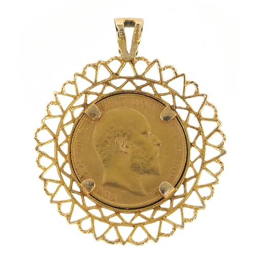 658 - Edward VII 1906 gold sovereign set in a 9ct gold pendant mount, approximate weight 11.6g
