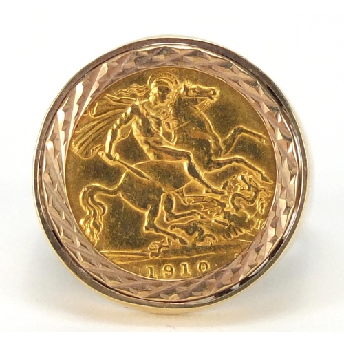 681 - Edward VII 1910 gold half sovereign set in a 9ct gold ring mount, size V, approximate weight 9.0g