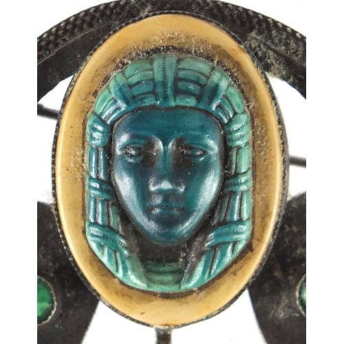 573 - 1930's Egyptian Revival pewter brooch set with colourful glass stones, 8.5cm in length