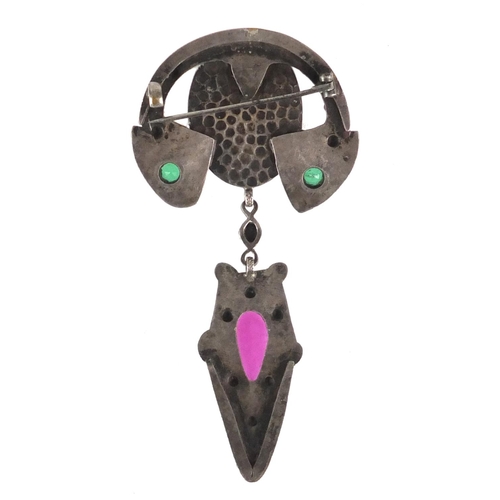 573 - 1930's Egyptian Revival pewter brooch set with colourful glass stones, 8.5cm in length