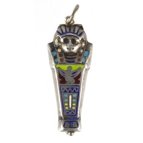 731 - Egyptian Revival unmarked silver and enamel Tutankhamun pendant, opening to reveal an enamelled mumm... 