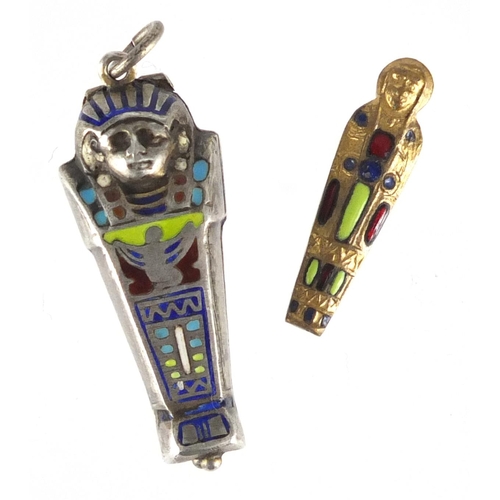 731 - Egyptian Revival unmarked silver and enamel Tutankhamun pendant, opening to reveal an enamelled mumm... 