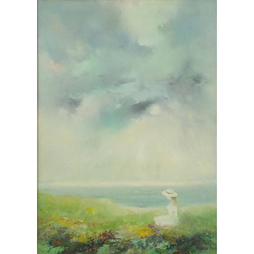 948 - Impressionist coastal scene with a female beside flowers, oil on canvas, bearing an indistinct signa... 