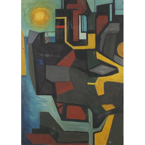 854 - Attributed to Dora Maar - Abstract composition, harbour sunset, oil on board, Hewson & Forster label... 