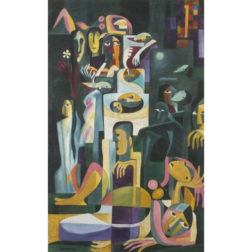 914 - Abstract composition, surreal figures, watercolour, bearing a signature Cannerio 46, mounted and fra... 