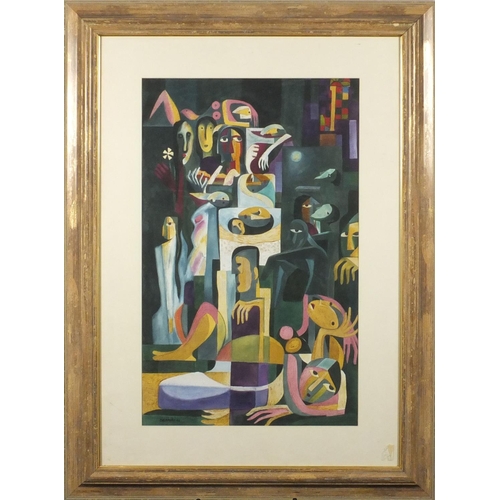 914 - Abstract composition, surreal figures, watercolour, bearing a signature Cannerio 46, mounted and fra... 