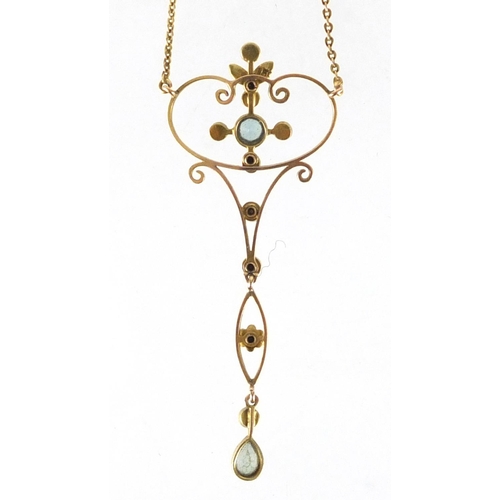 721 - Art Nouveau 15ct gold seed pearl and blue stone necklace, 40cm in length, approximate weight 3.8g