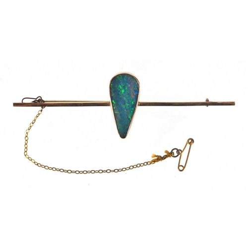 713 - Unmarked gold opal tear drop bar brooch, 9cm in length, approximate weight 6.5g