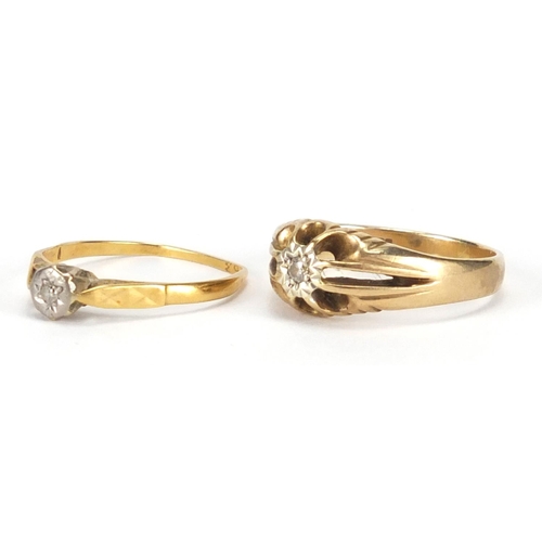 2810 - 9ct gold diamond solitaire ring, size R and a broken 18ct gold diamond solitaire ring, approximate w... 