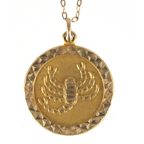 2663 - 9ct gold Scorpio pendant on a 9ct gold necklace, the pendant 2cm in diameter, approximate weight 4.3... 