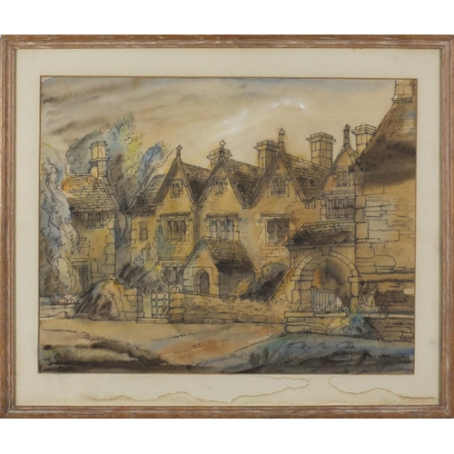 2335 - Impressionist mansion house, mixed media, bearing a monogram JP, mounted and framed, 48cm x 38cm