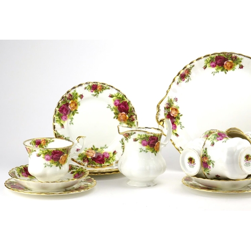 2166 - Royal Albert Old Country Roses six place tea service with sandwich plate, the teapot 20cm high