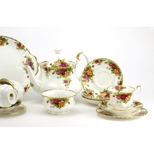 2166 - Royal Albert Old Country Roses six place tea service with sandwich plate, the teapot 20cm high