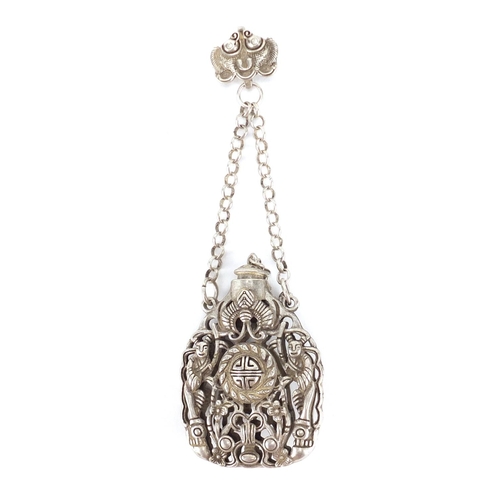 455 - Chinese silver coloured metal chatelaine snuff bottle decorated with figures and butterflies, 15cm i... 