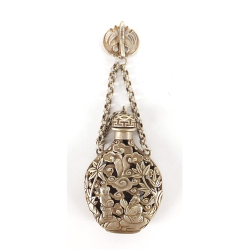 472 - Chinese silver coloured metal chatelaine snuff bottle, decorated with figures, 14cm in length, appro... 