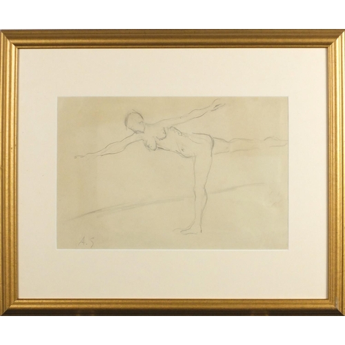 95 - Study of the female form, pencil paper, bearing a monogram AS,  mounted and framed, 36cm x 23.5cm