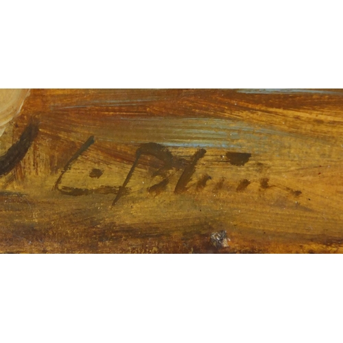 358 - City door, oil on paper laid on board, bearing an indistinct signature to the lower left, unframed, ... 