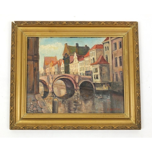 352 - Venetian canal, oil on board, bearing a signature F. Baetens, framed, 28cm x 22cm
